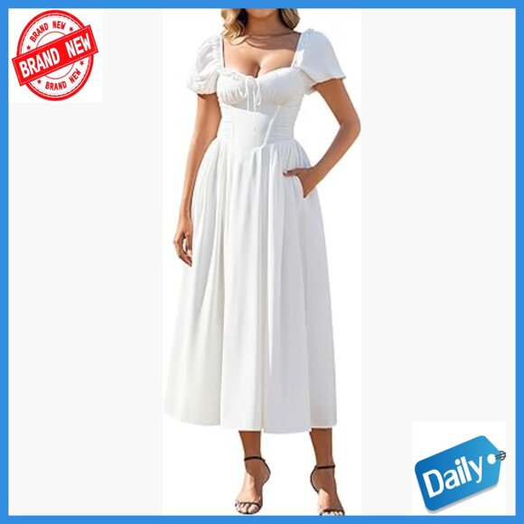 Floral Corset Midi Dress with Puff Sleeves and Pockets for Wedding Guest